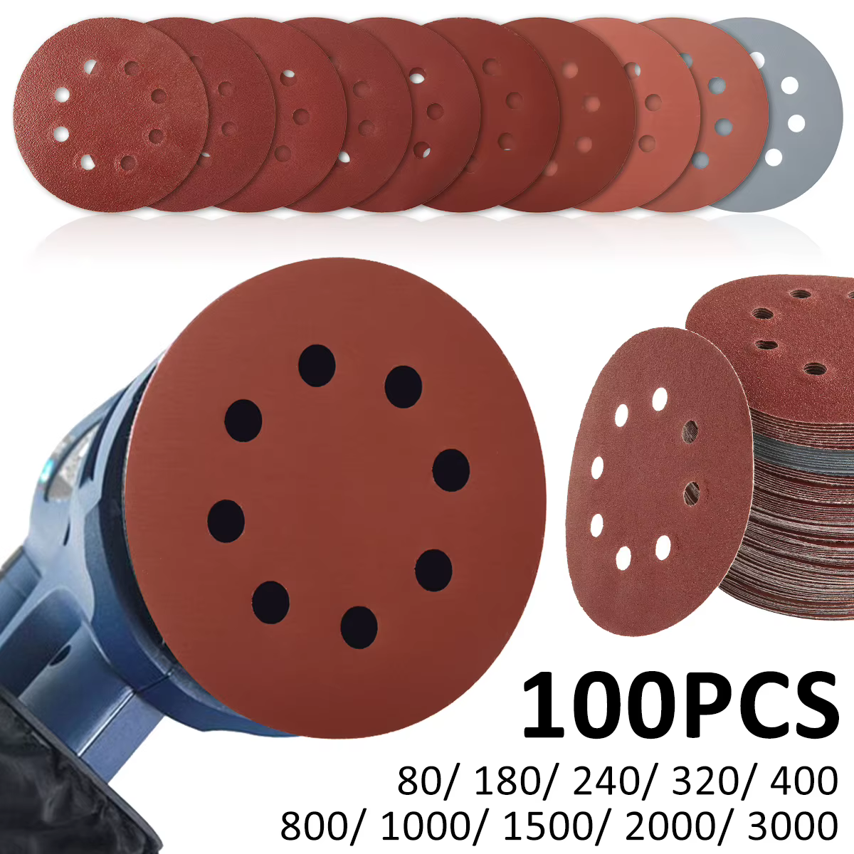 100 pièces 125mm disques abrasifs 8 trous crochet boucle papier de verre 80 grain-3000 grain papier