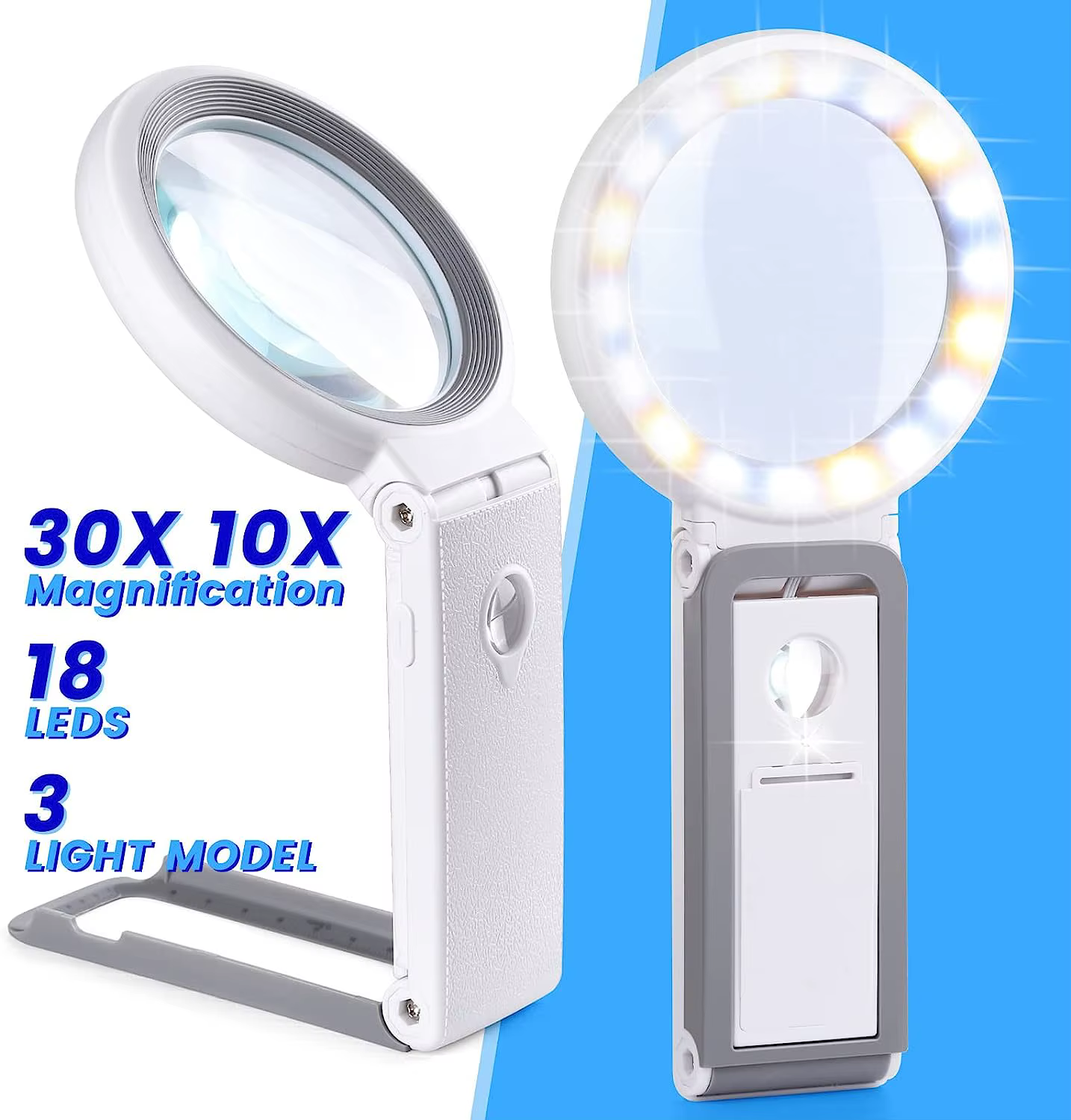 Loupe 30X 10X avec lumière et support, loupe portative pliante, loupe éclairée à 18 LED pour la lect