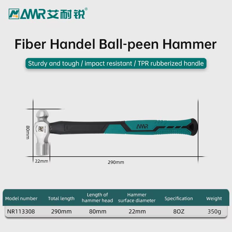 AMR – marteau à bille forgé, tête en acier à Grain fin, poignée ergonomique en caoutchouc, Fiber de 