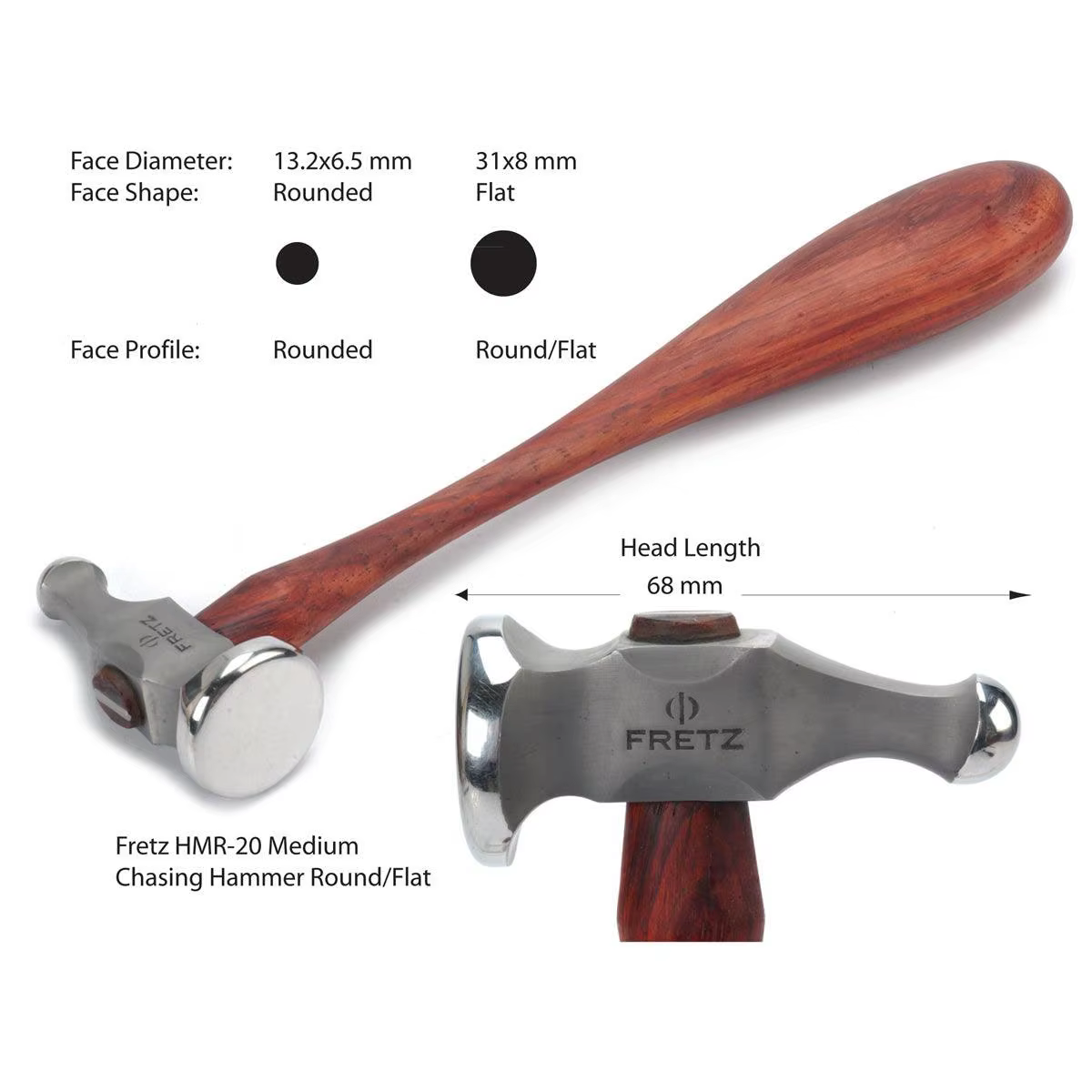 Fretz HMR-20M Marteau à repousser classique moyen 31 mm à face bombée, outil de bijoutier et de méta