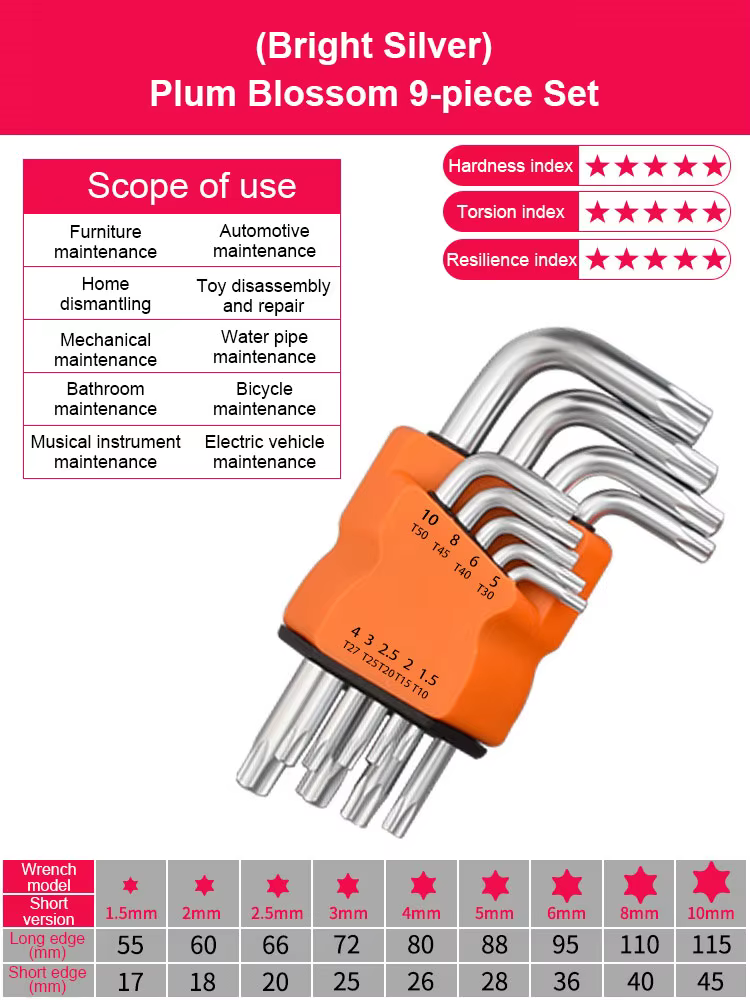 9 pièces Torx étoile clé Kits ensemble clés Allen clé hexagonale jeu de clés fleur de prunier double