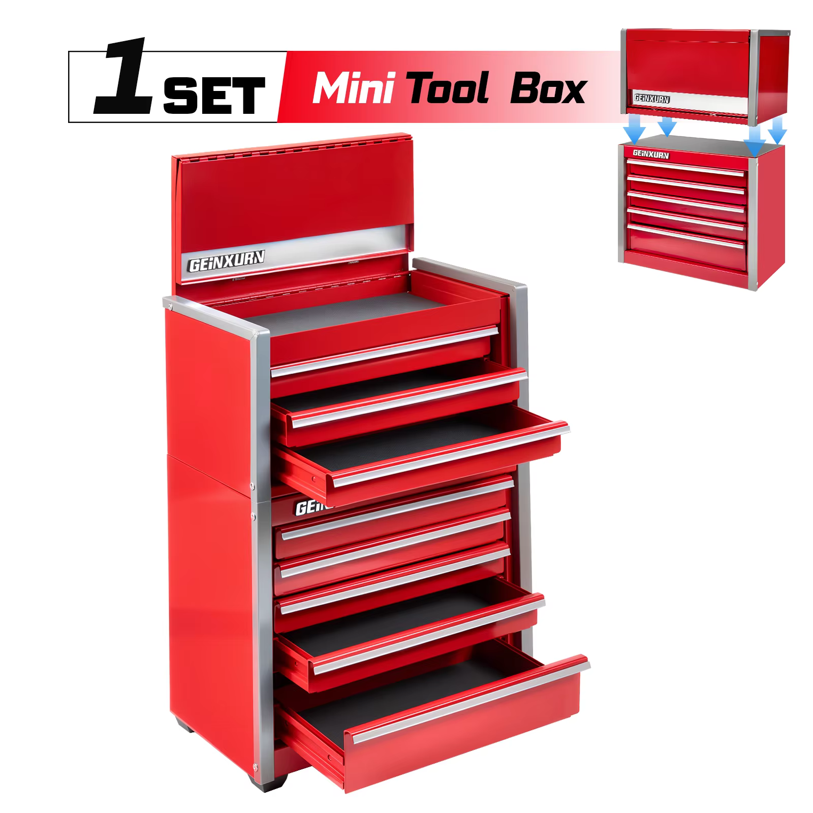 Geinxurn Mini boîte à outils en acier, coffre à tiroir empilable portable avec serrure et doublure m