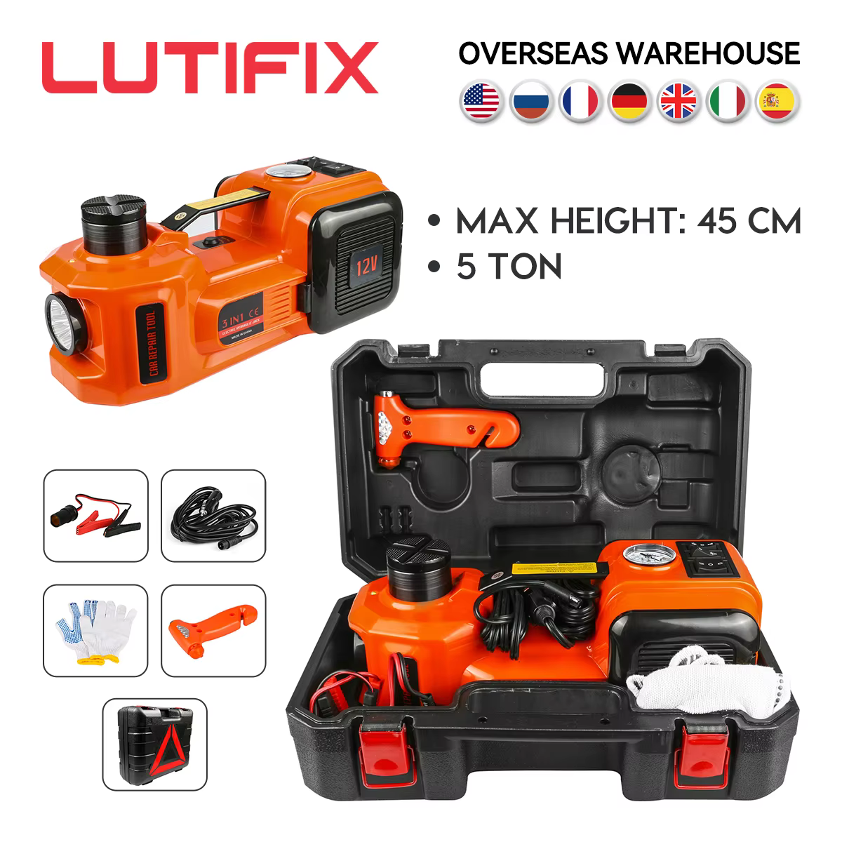 LUTIFIX cric de voiture électrique 12V 5T 45cm 3 en 1 cric hydraulique électrique roulant de sol pom