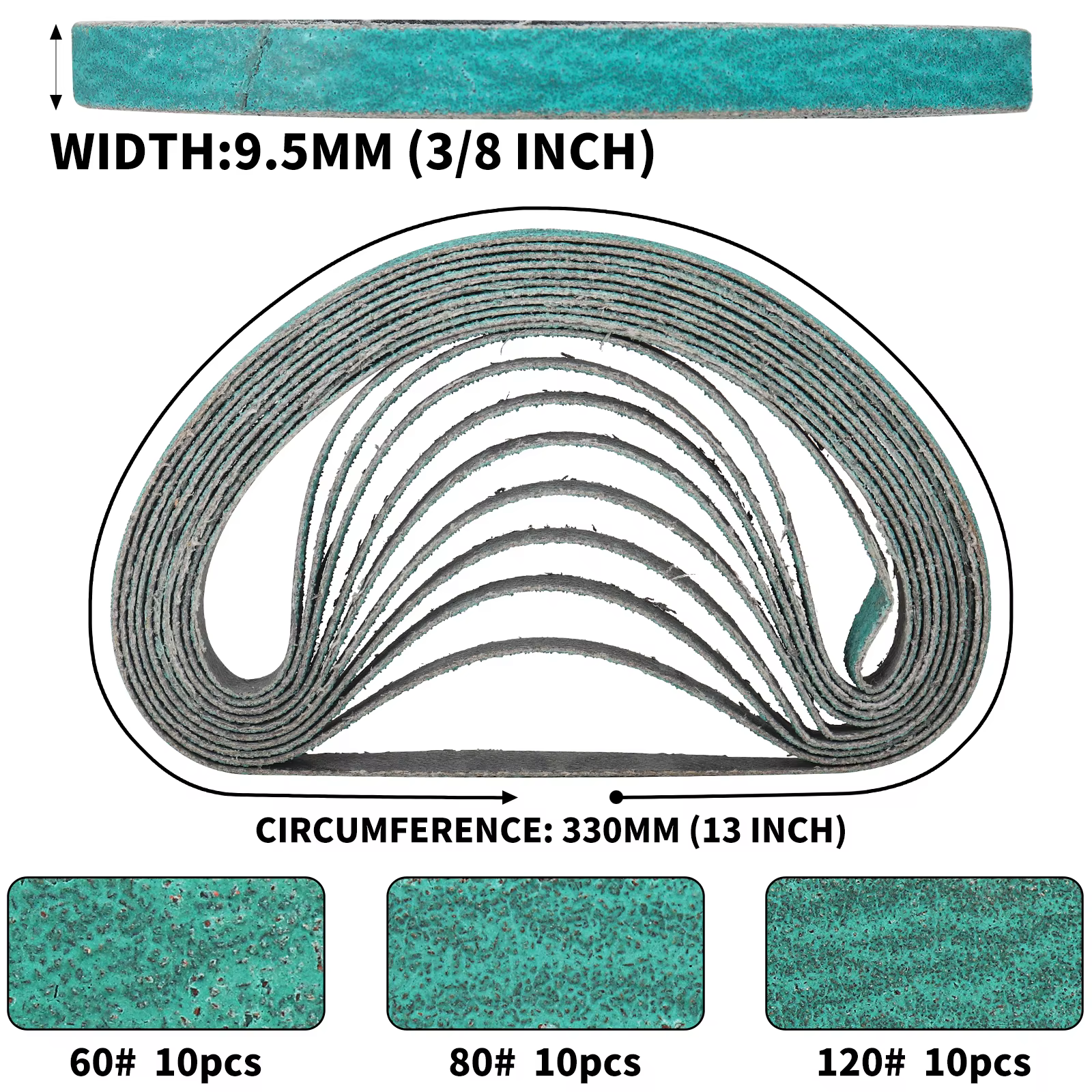 10 pièces 10x330mm bandes abrasives 3/8 "x 13" ponceuse outil à bande Abrasive pour métal meubles en
