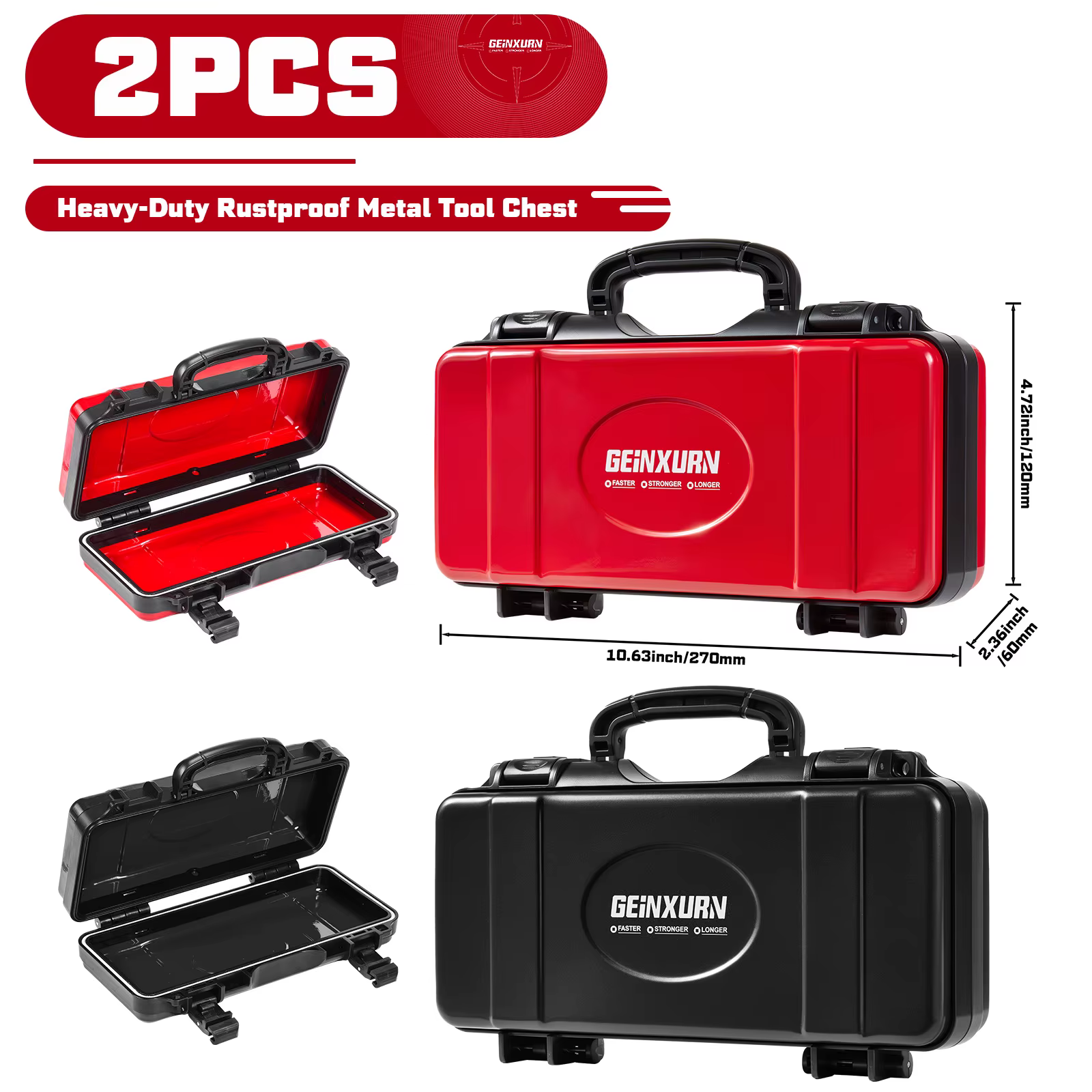 Geinxurn 2 boîtes à outils portables en métal rouge et noir, étui rigide étanche et sécurisé, pour l