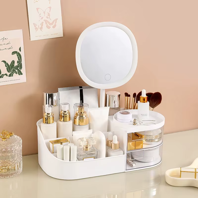 Boîte de rangement de maquillage avec miroir, bureau, spanTable, cosmétiques, bijoux, lumière tactil