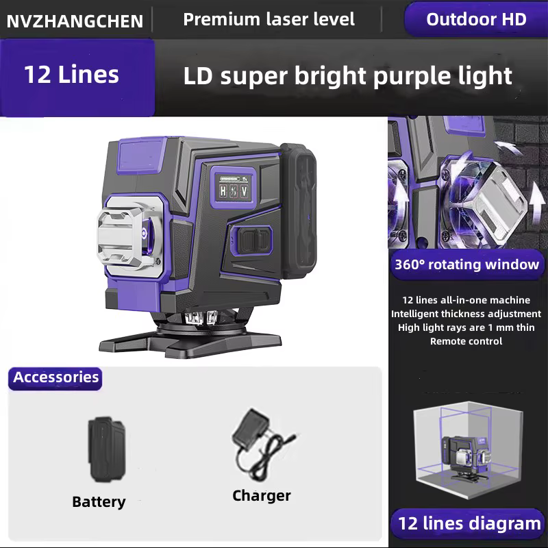 Niveau Laser 12/16 lignes 3/4D auto-nivelant 360 croix horizontale et verticale niveau Laser violet 