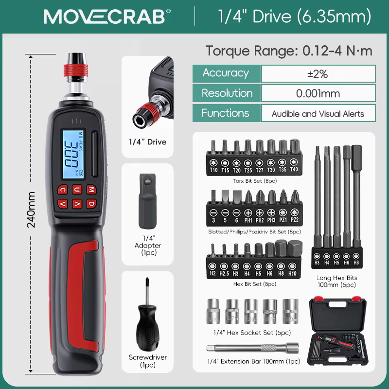 Kit de tournevis dynamométrique numérique MoveCrab 0,12-10 Nm haute précision, embout 1/4 pouce avec