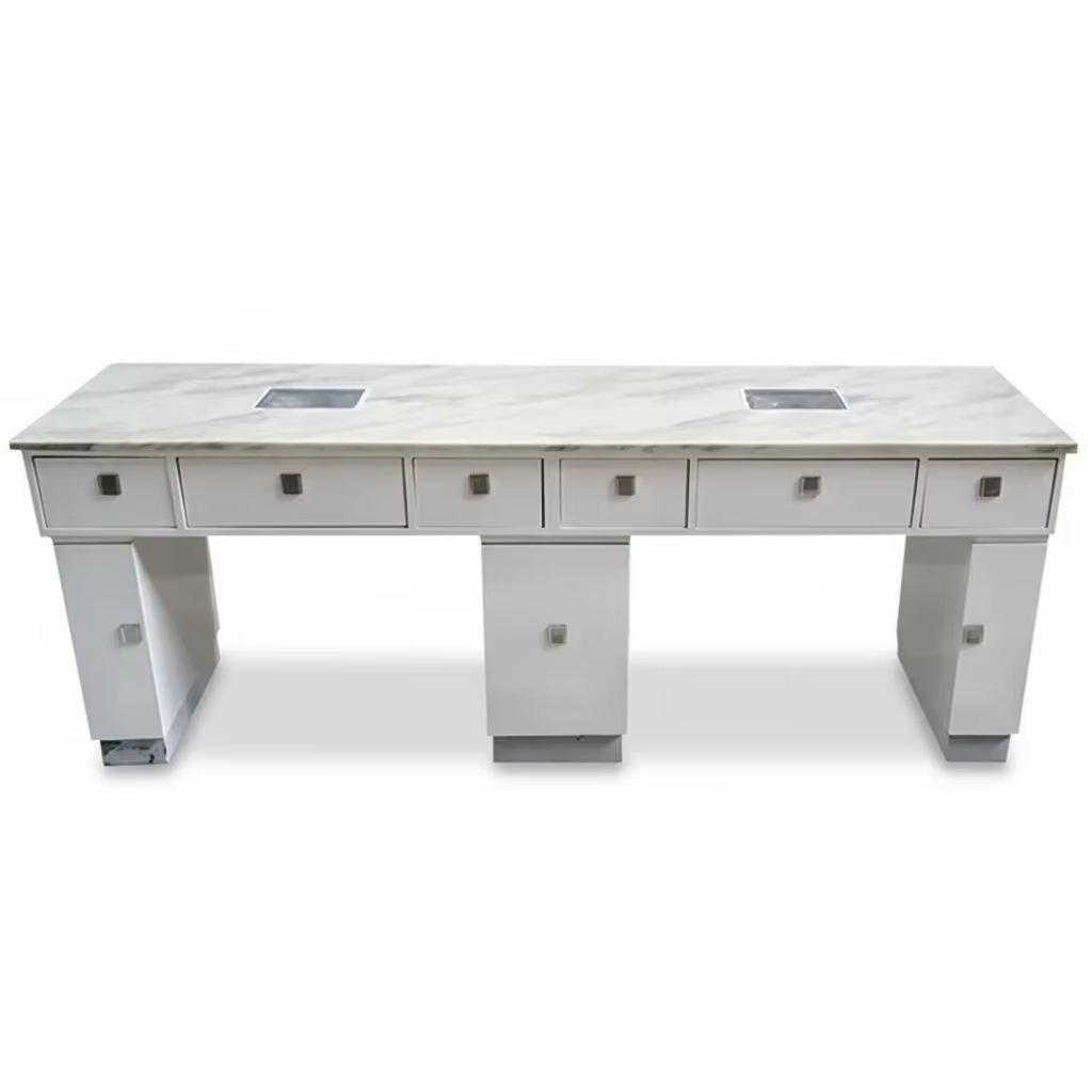 Table à ongles double en marbre, table de manucure en MDF E1 avec dépoussiéreur, ensemble de mobilie