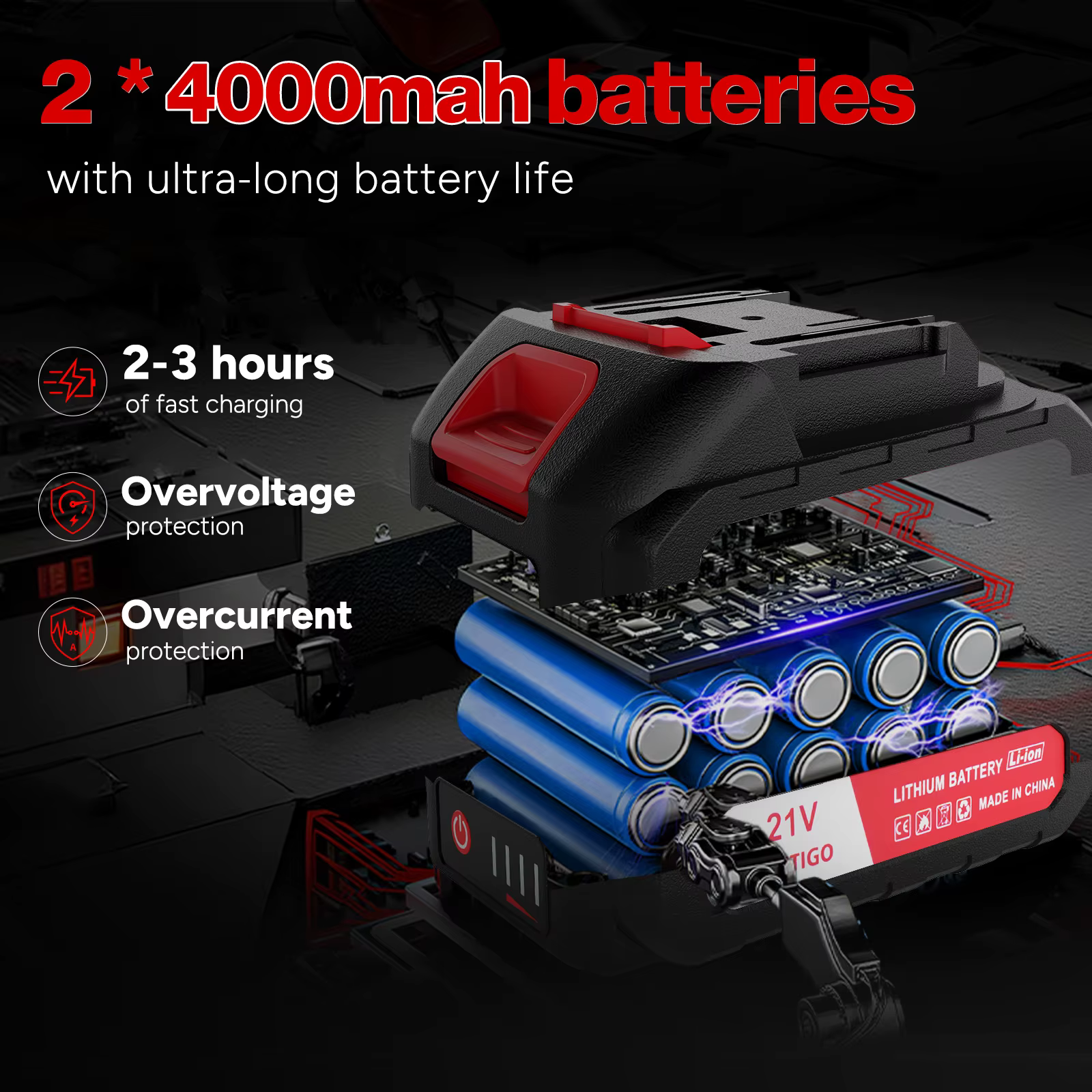 OUTIGO Tronçonneuse à batterie, Tronçonneuse 8 pouces, 2*4000mah, MINI Tronçonneuse sans fil, 4 cha