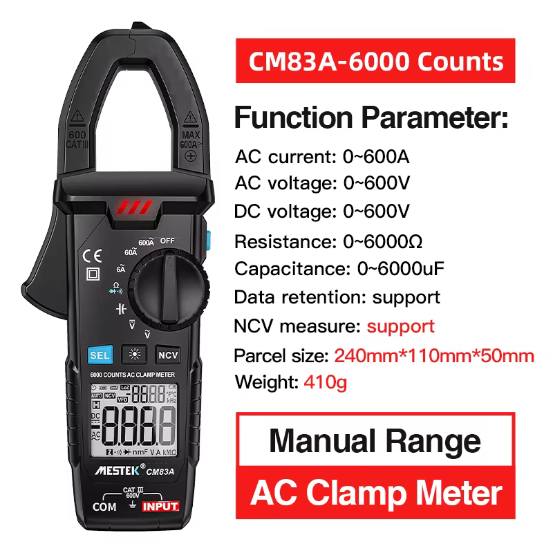 Multimètre numérique à pince ampèremétrique Mestek CM83E DC AC 6000 points de lecture, testeur de te