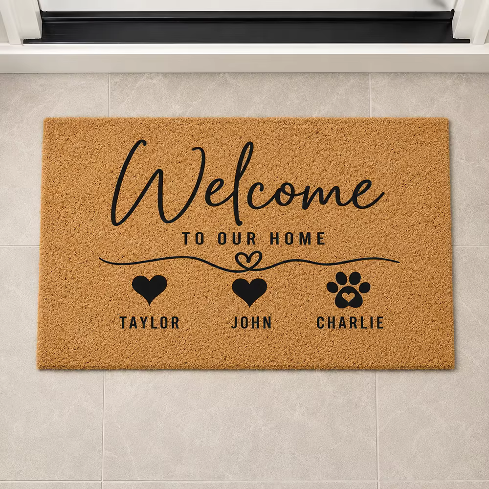 Tapis de porte personnalisé avec nom, aspect fibre de coco, tapis de bienvenue pour la famille et le