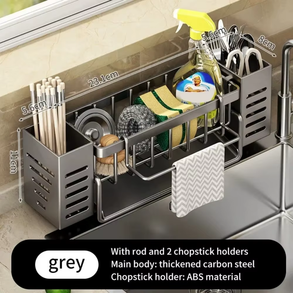 Étagère de rangement pour évier de cuisine en acier inoxydable, gain de place, porte-éponge intégré 