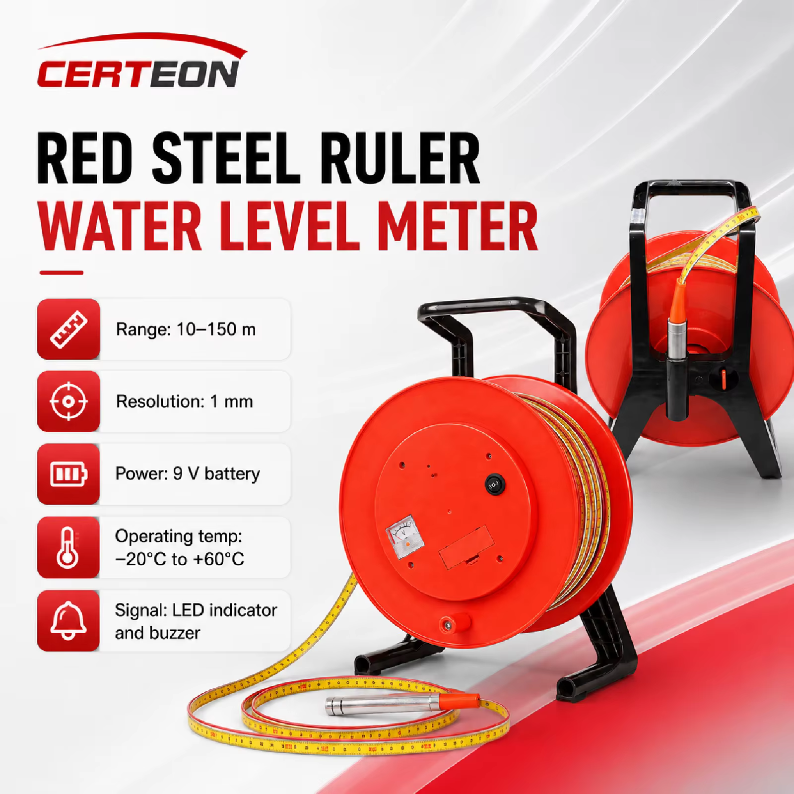 Sonde de Niveau d’Eau à Ruban Acier Rouge 10m-150m Mesureur Électrique de Profondeur avec Alarme Son