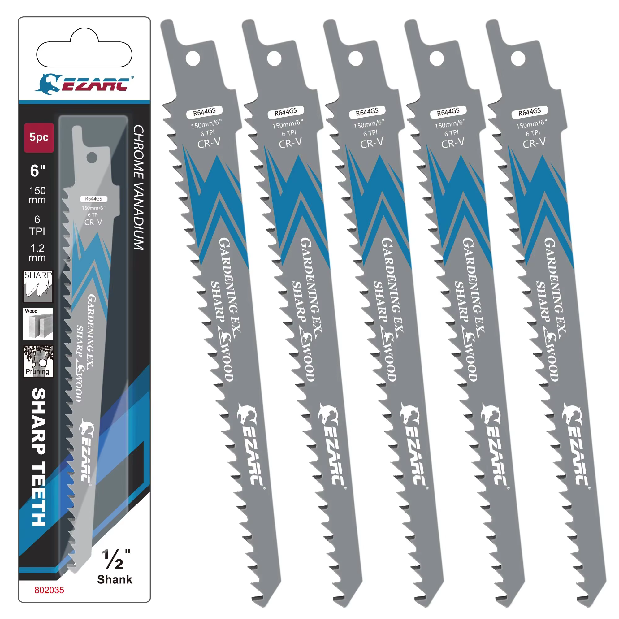 Lame de scie alternative pour l'élagage du bois, 6 pouces/150mm, R644GS 6TPI CRV, dents tranchantes 