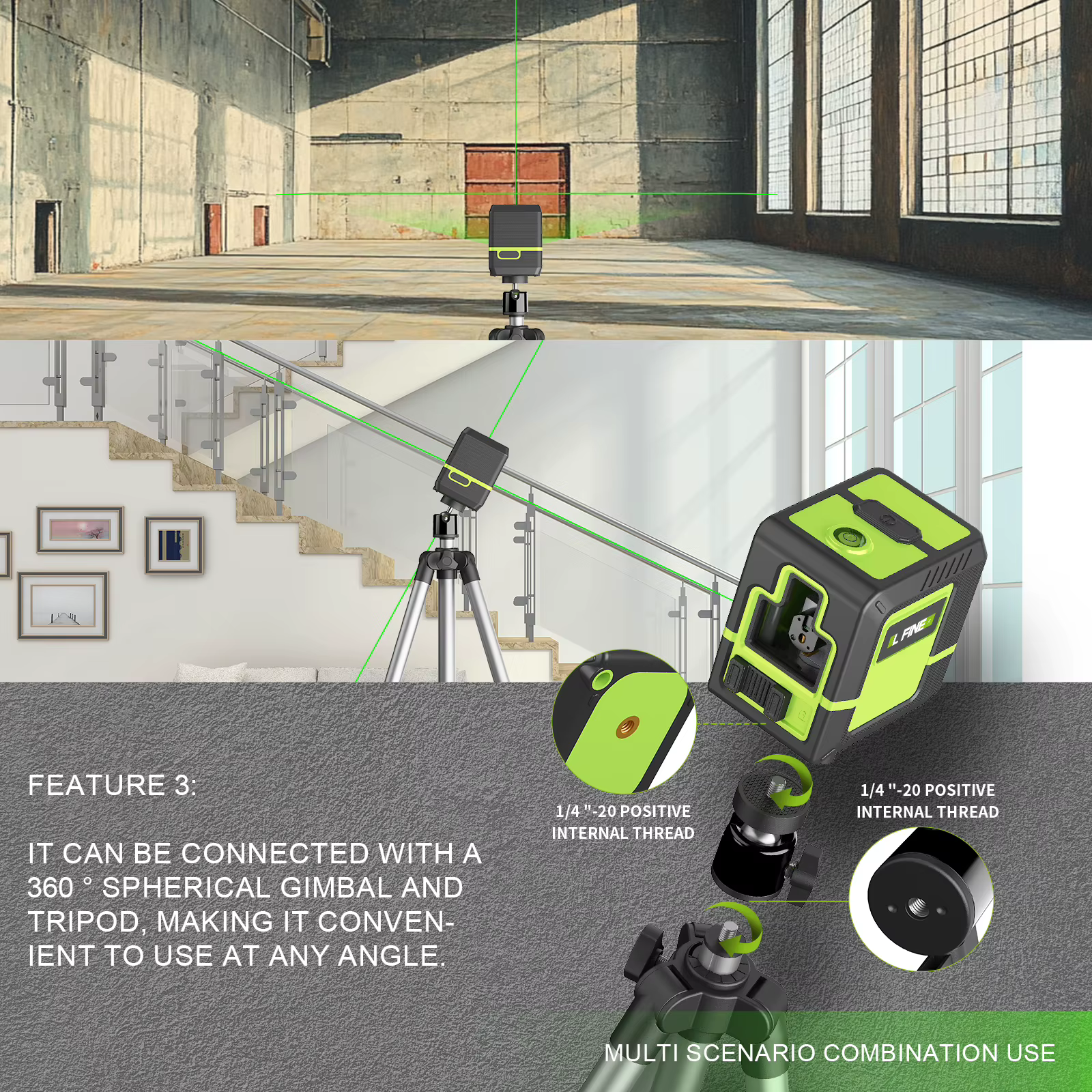 Lfine Laser niveau 2 lignes croix niveau vert Laser horizontal Vertical niveau Laser automatique 360