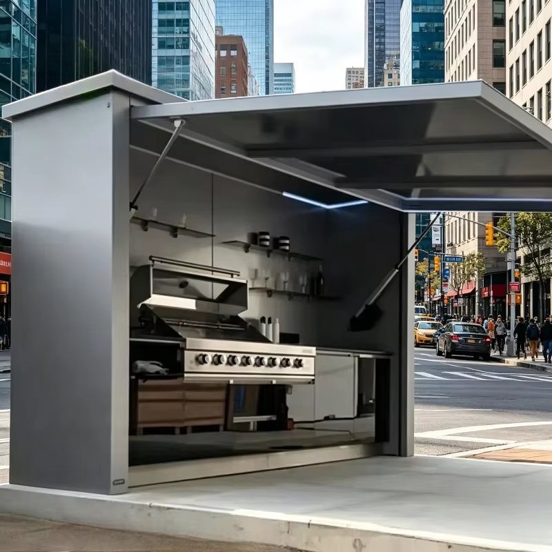 Îlot de cuisine extérieur modulaire personnalisé sur remorque avec évier, armoire de rangement et st