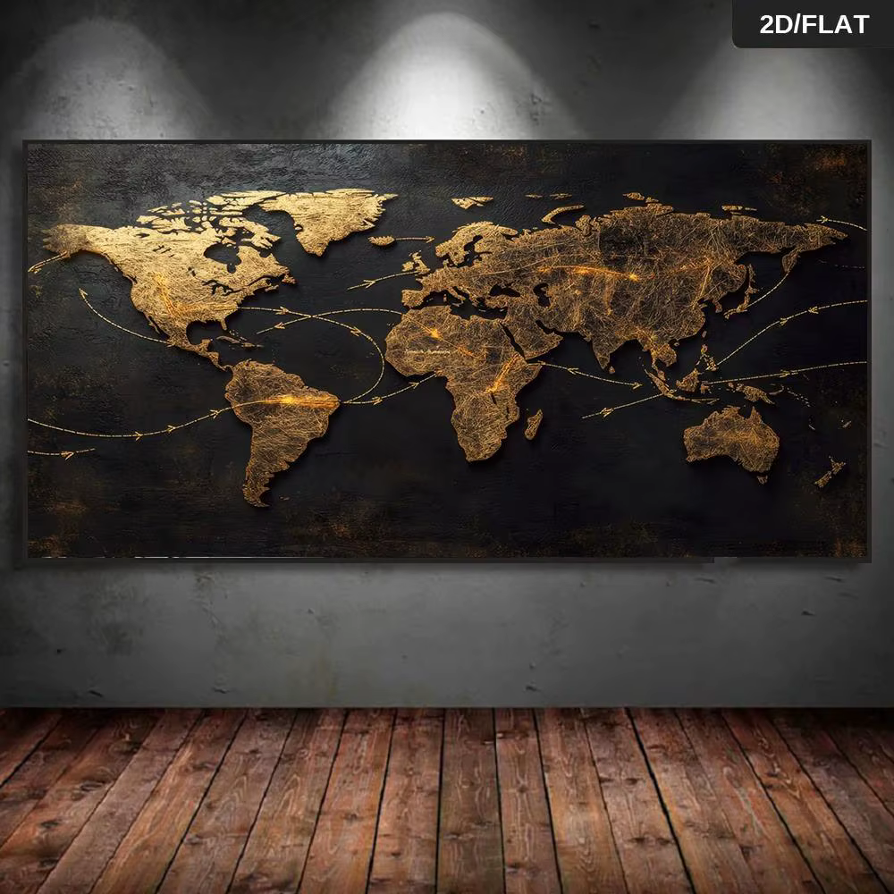 Une peinture murale abstraite moderne de carte du monde dorée avec des flèches de liaison, dotée d'u