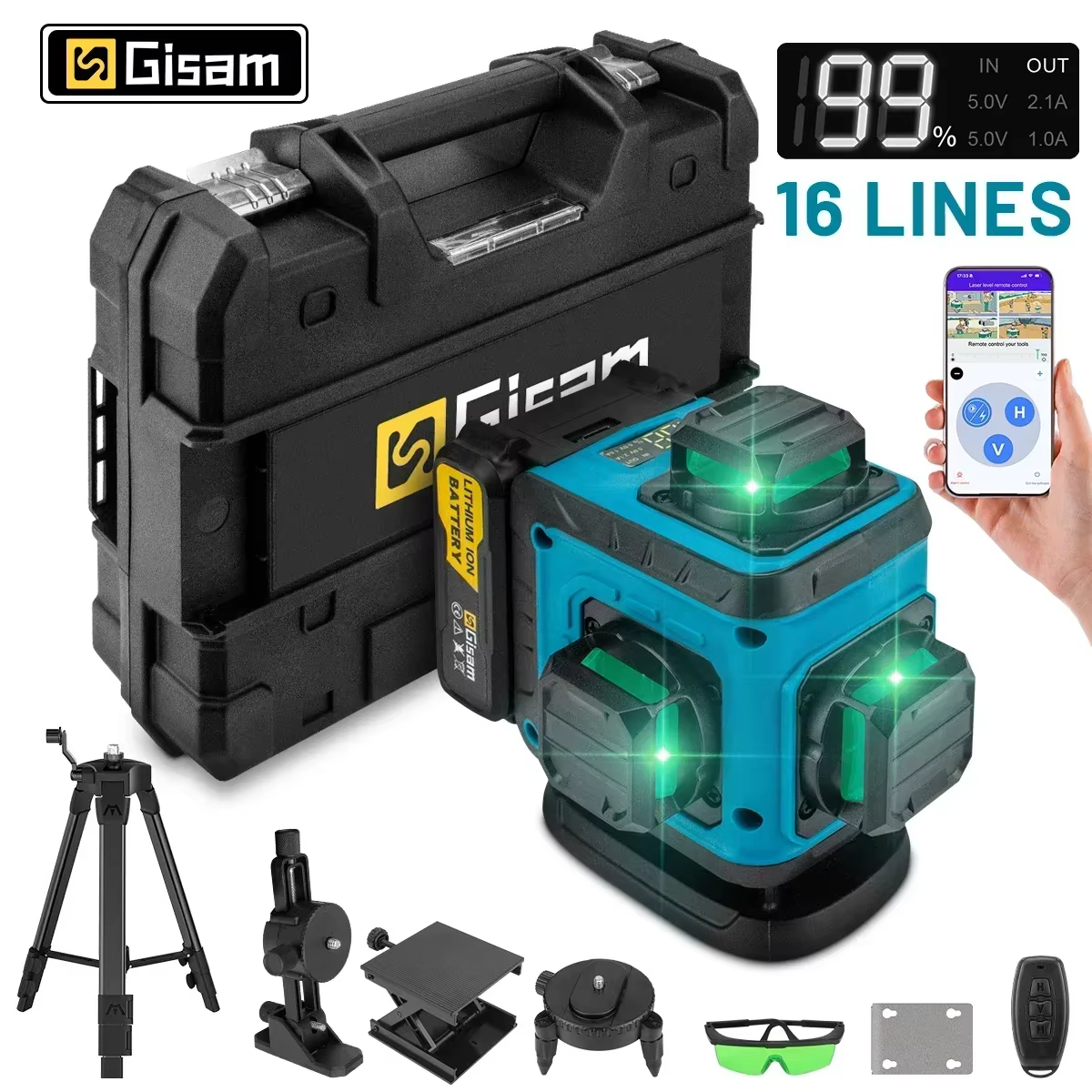 Gismo 4D 16 lignes 360 ° Niveaux Laser auto-nivelants avec trépied et valise, outil de niveau Laser 