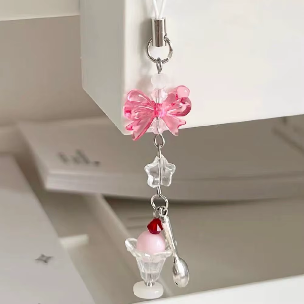 Nouveau pendentif à breloques de téléphone rose Kawaii Y2K, porte-clés de voiture pêche, mignon nœud