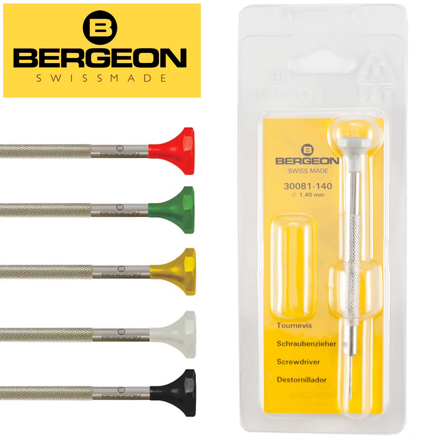 BERGEON 30081 Tournevis ergonomique à tête plate en acier inoxydable Outils d'horloger suisse
