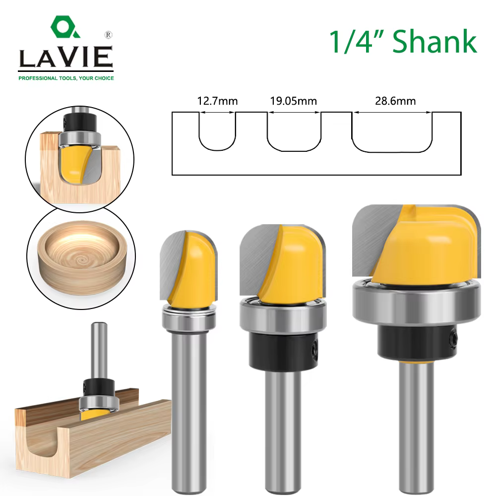 LAVIE 6mm 6.35mm tige 1-1/8 3/4 pouces de diamètre bol plateau routeur peu nez rond fraise avec roul
