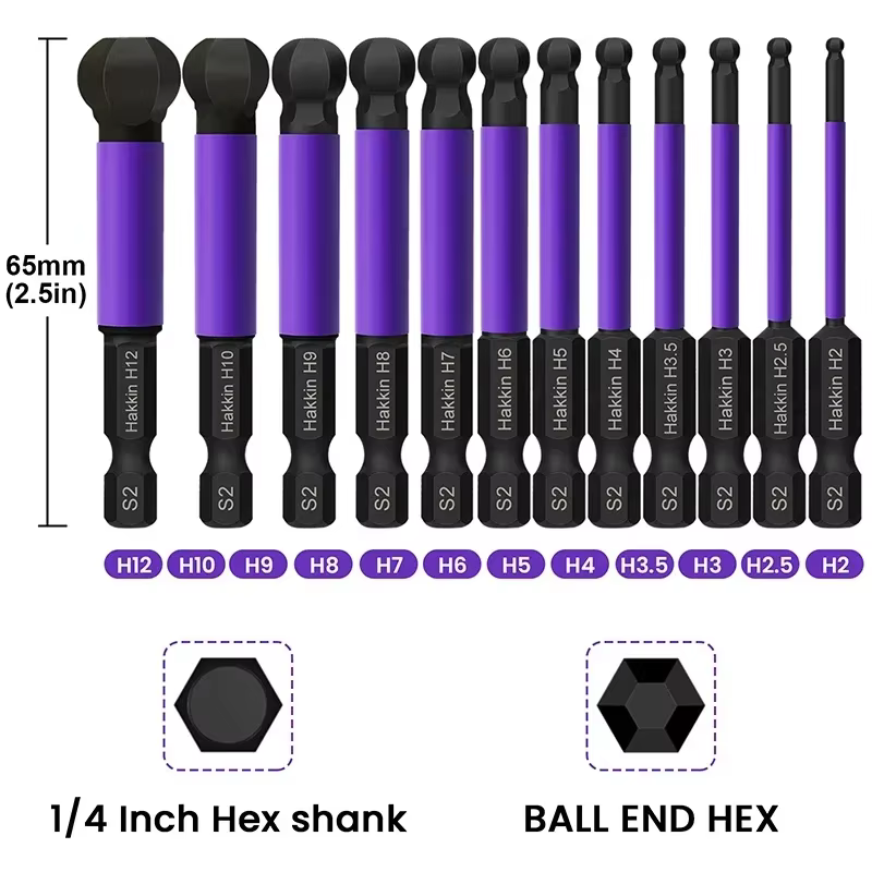 Embouts de tournevis à extrémité sphérique de 65mm, 12 pièces, tige hexagonale de 1/4 pouces, jeu d'