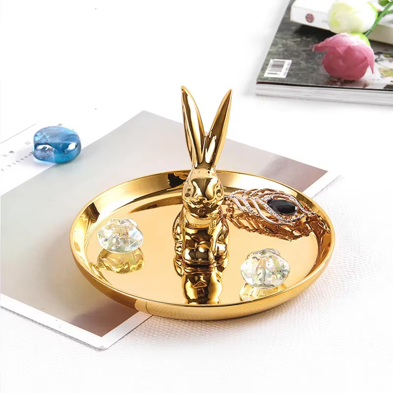 Coiffeuse de style européen, animal doré, cheval, lapin, plateau de rangement de bijoux en céramique