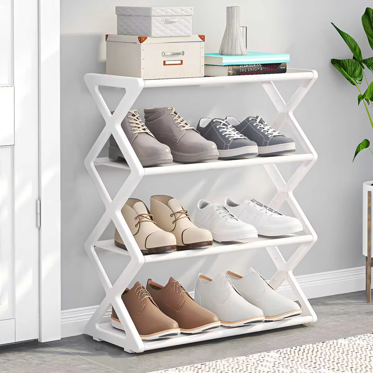 Étagère à chaussures pliable à 4 niveaux en forme de X, organisateur de chaussures gain de place, ét