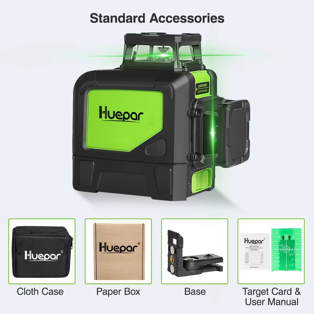 Huepar-niveau laser croisé à 360 ° auto-décrochant 902CG, faisceau vert horizontal et vertical commu