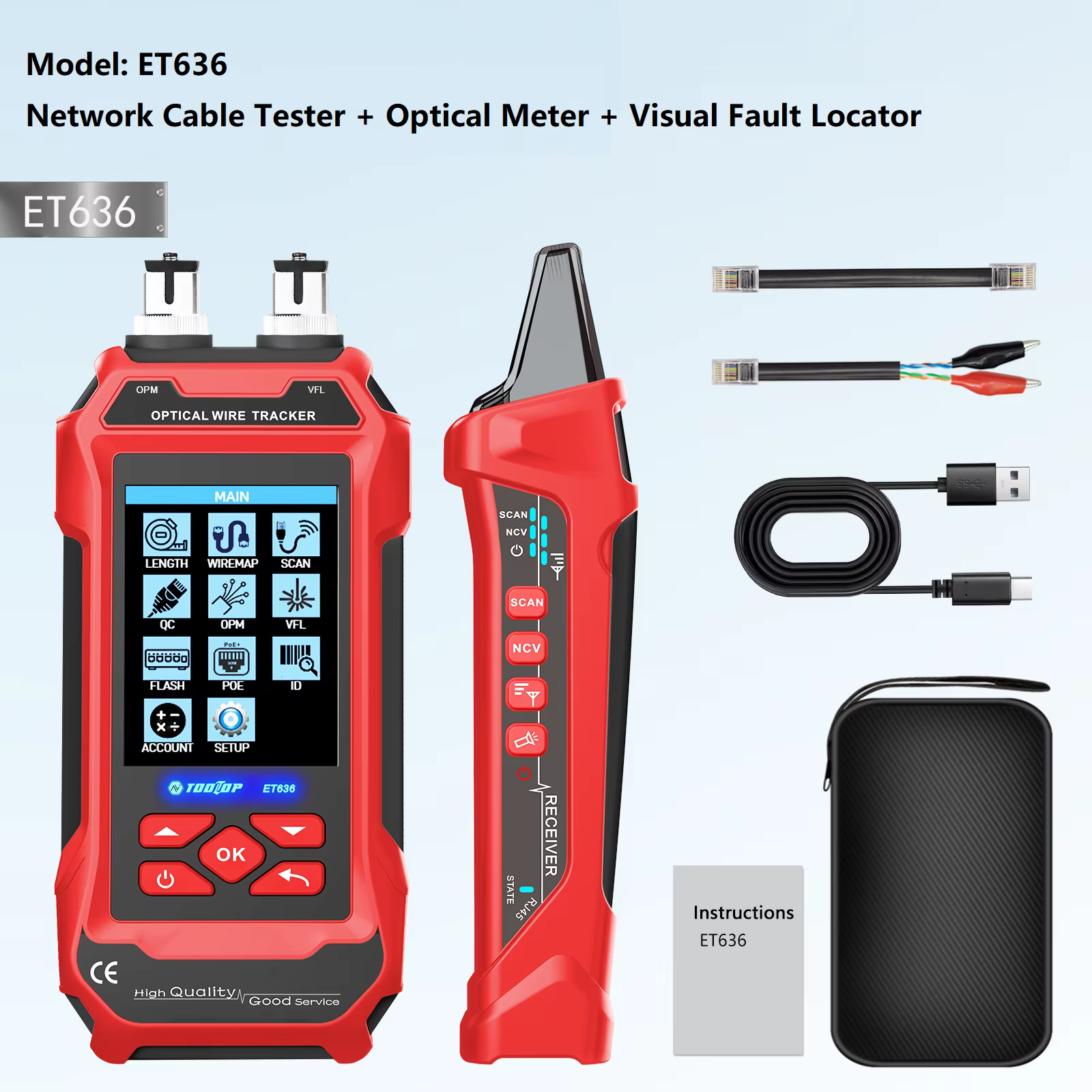 TOOLTOP -Testeur de câble Ethernet, multimètre, compteur de puissance optique, laser rouge, sans bru