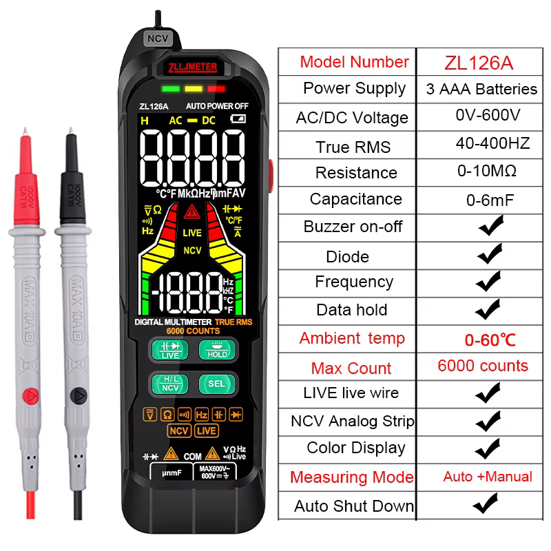 Multimètre numérique de Charge USB ZL128B, affichage couleur LCD 9999, tension cc AC, capacité de co