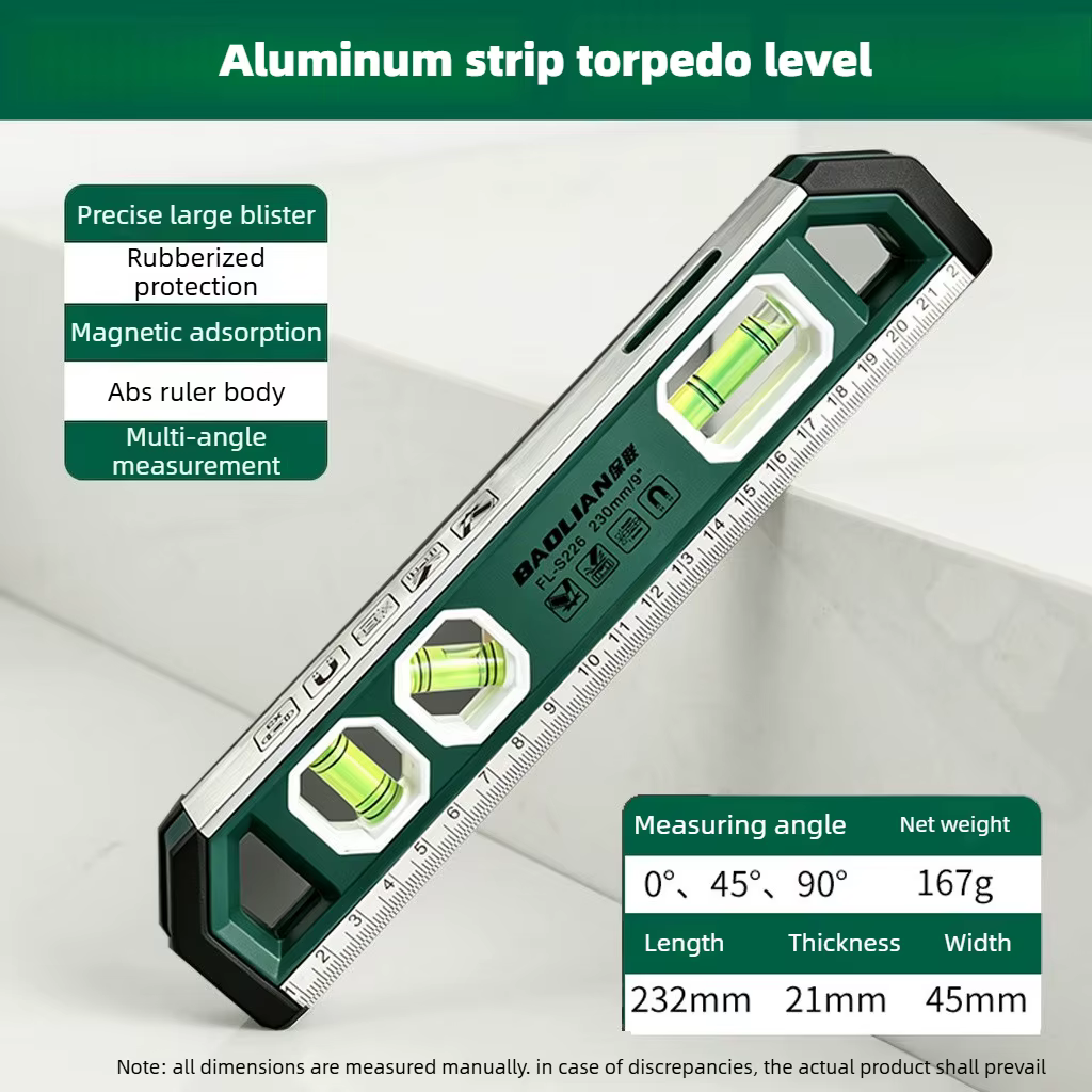 Niveau torpille professionnel BAOLIAN, en ABS d'ingénierie avec garniture en aluminium, haute précis