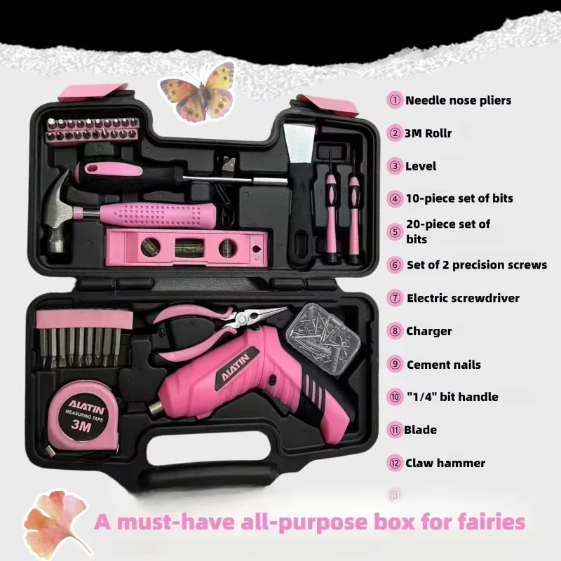 Boîte à Outils Domestique Rose avec Marteau et Tournevis à Batterie au Lithium pour Femme, Ensemble 