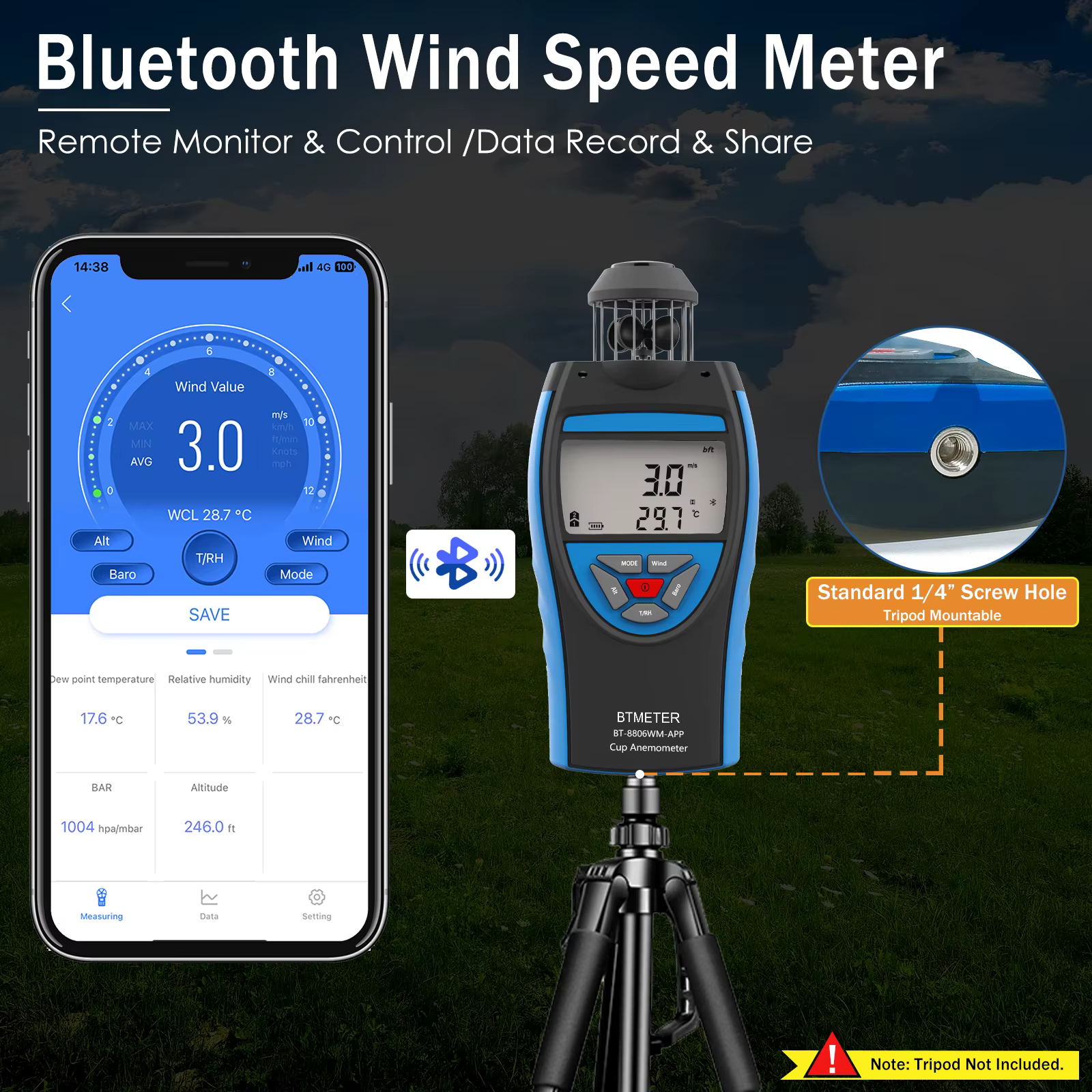 Anémomètre portable avec boussole, mesure de la pression atmosphérique, du point de rosée et de l'al