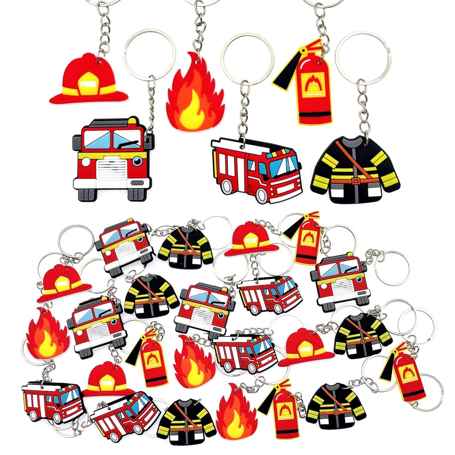 Lot de 18/24/30 porte-clés en silicone pour pompiers, camion de pompier, casque de pompier, flamme, 