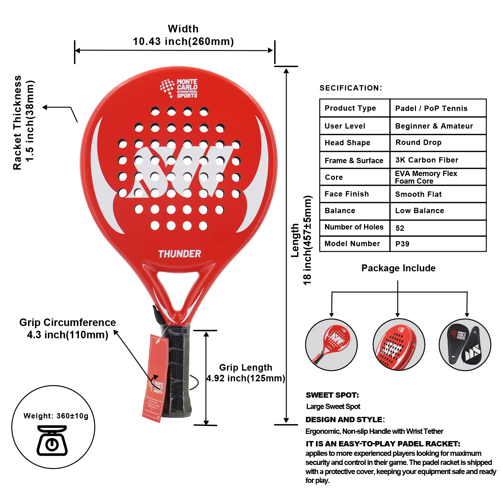Raquettes de Padel entièrement en carbone/3k/12k/18k/fibre de verre, Surface légère, traitement givr