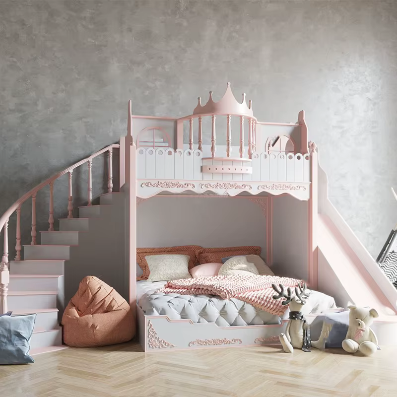 Lit superposé moderne de luxe pour enfants, avec toboggan en arc et escaliers de rangement, nouveau