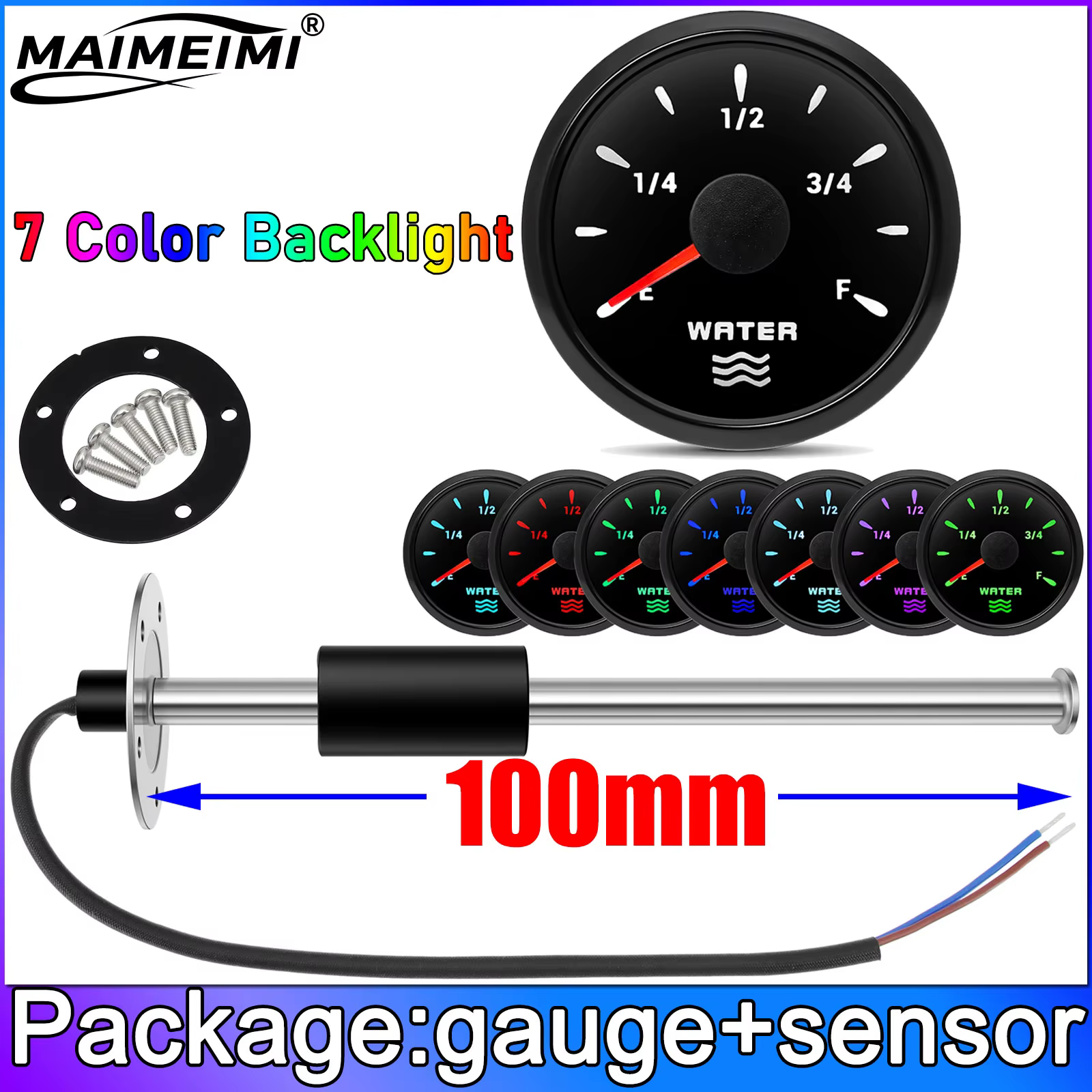 Jauge de niveau d'eau marine pour bateau 52 mm avec rétroéclairage 7 couleurs, jauge de carburant à 