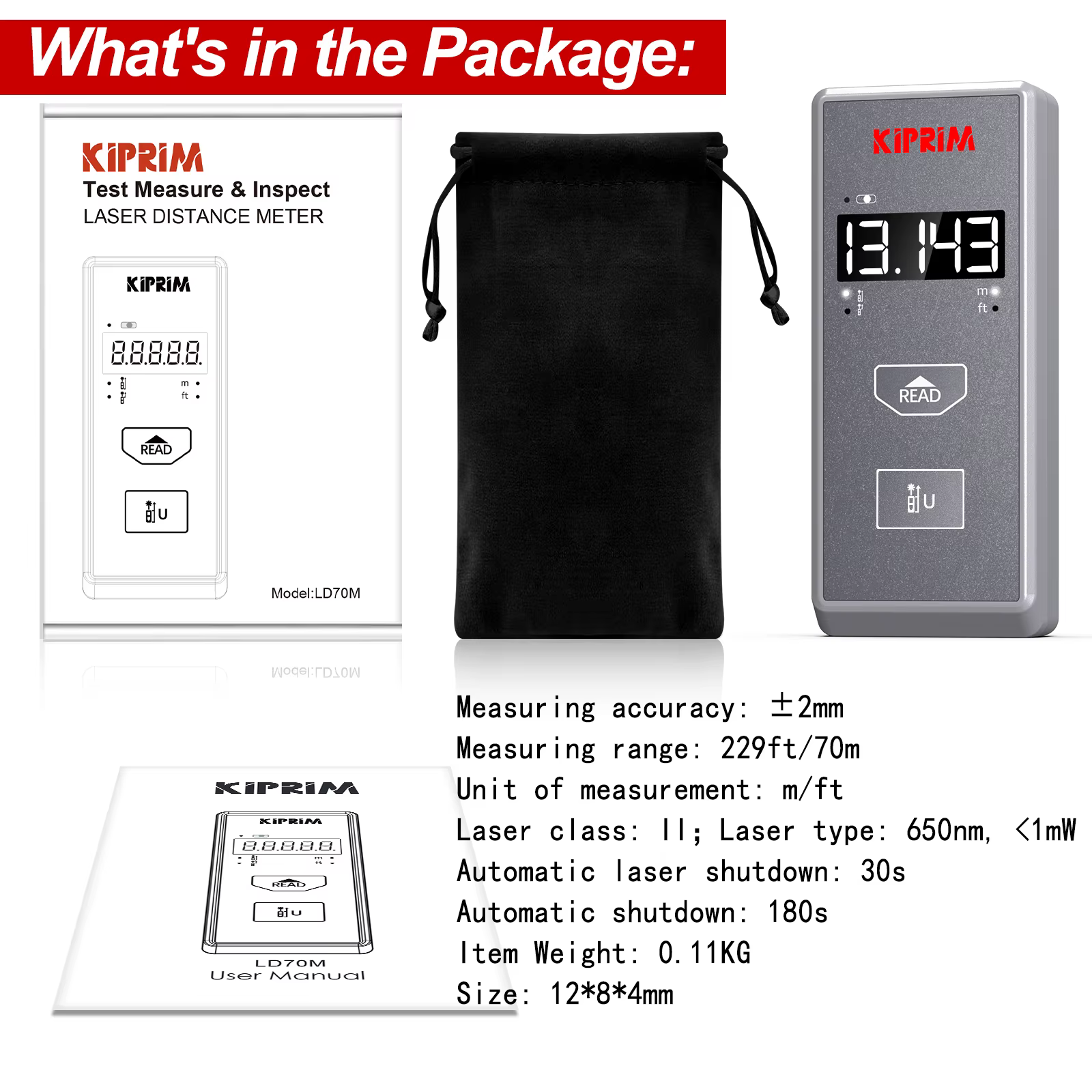 Kiprim télémètre Laser 50M 70M 100M Mini outil de mesure Laser ruban Laser haute précision fonctions