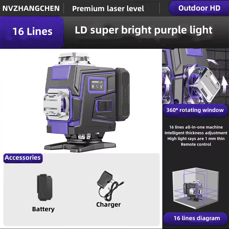 Niveau laser 12/16 lignes 3D/4D faisceau lumineux violet auto-nivelant niveau laser à lignes transve