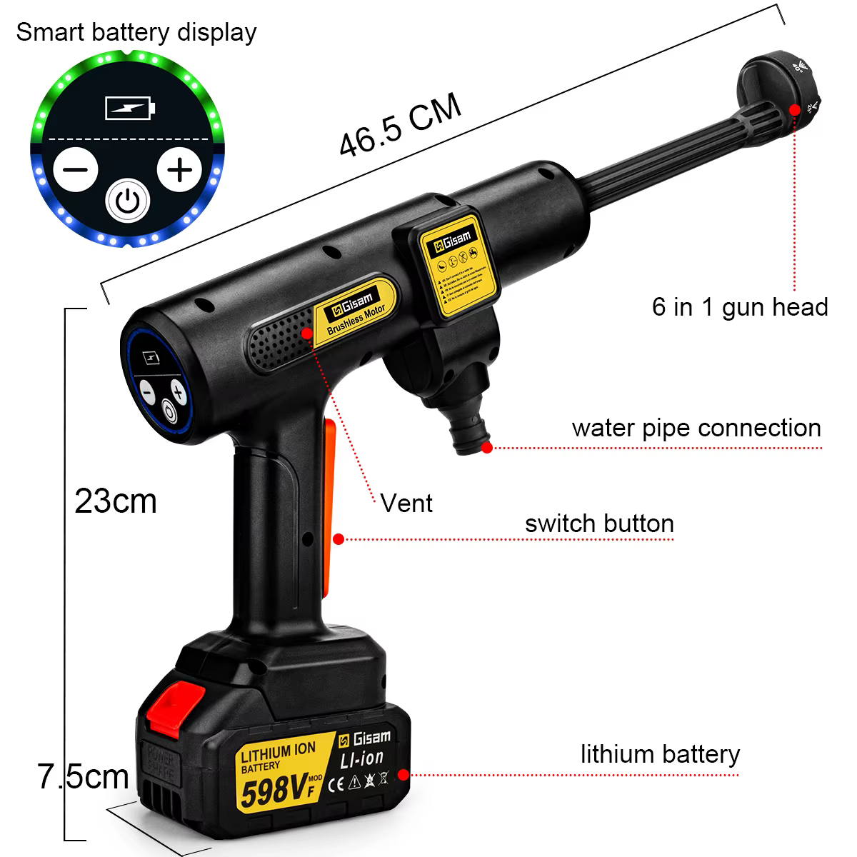 Gami 200Bar laveuse haute pression électrique sans brosse 6-en-1 lavage de voiture pistolet à eau de