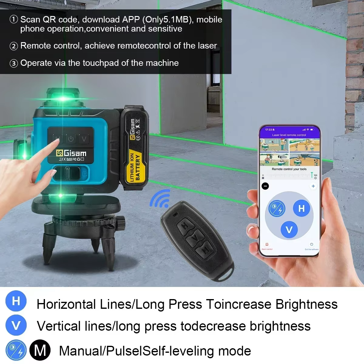 Gismo 4D 16 lignes 360 ° Niveaux Laser auto-nivelants avec trépied et valise, outil de niveau Laser