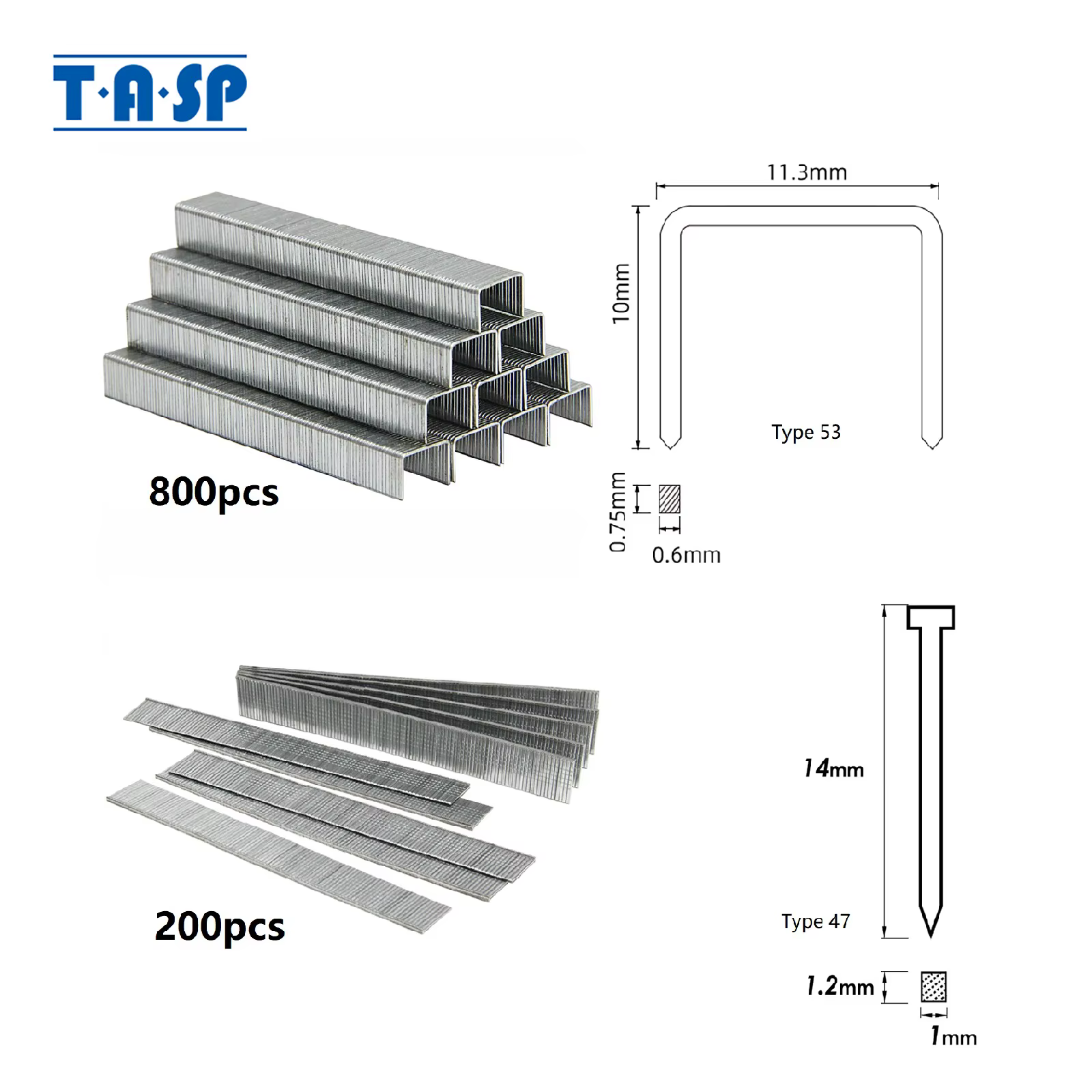 TASP 1000 pièces agrafes et clous, 10mm Type 53 800 pièces, 14mm Type 47 200 pièces pour agrafeuse é