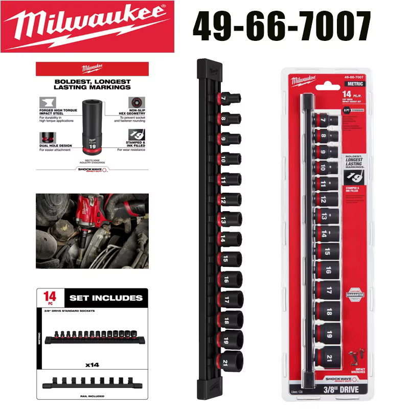Milwaukee 49-66-7007 SHOCKWAVE Jeu de douilles à chocs métriques 3/8'' 14 pièces avec rail de rangem