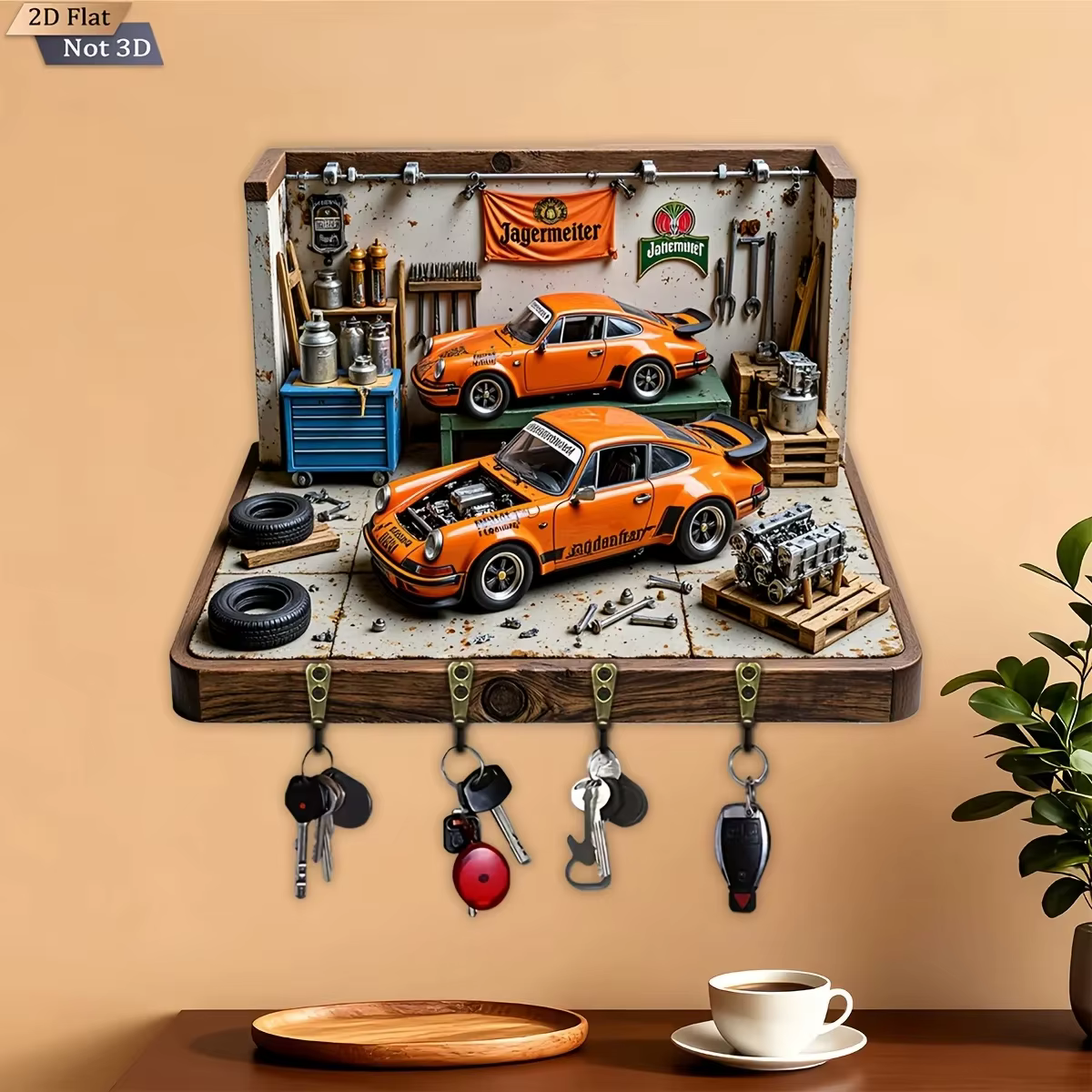 Porte-clés mural 2D plat, 1 pièce, thème atelier de réparation automobile, porte-clés multifonctionn