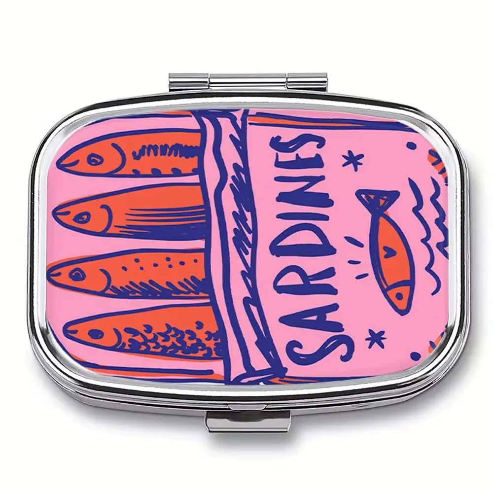 1 boîte à pilules vintage en métal motif sardines, 2 compartiments, design poisson mignon, étui de v