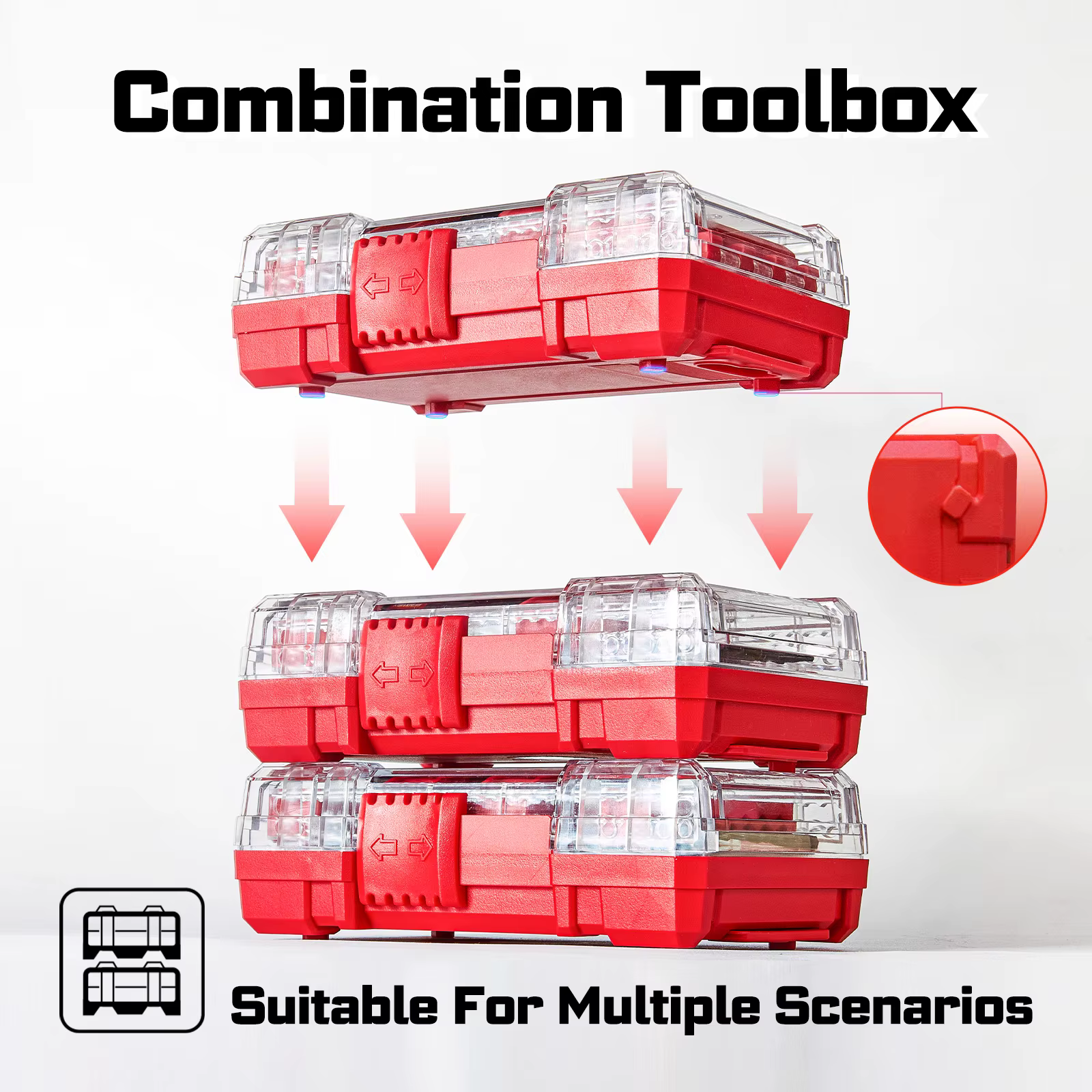 Geinxurn 1 boîte de rangement en plastique rouge avec 3 bandes de séparation longues et 3 courtes – Compartiments réglables
