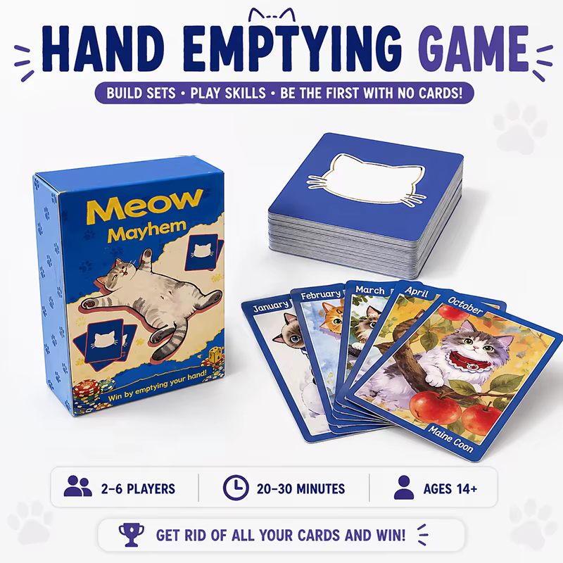 Jeu de cartes Meow Mayhem Set Collection pour 2 à 6 joueurs, cartes Match Month, Empty Hand, jeu de stratégie léger pour la famille et les fêtes, à partir de 14 ans