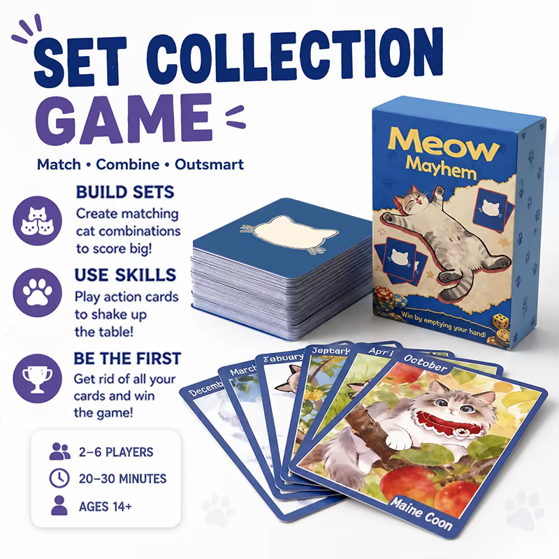 Jeu de cartes Meow Mayhem Set Collection pour 2 à 6 joueurs, cartes Match Month, Empty Hand, jeu de stratégie léger pour la famille et les fêtes, à partir de 14 ans
